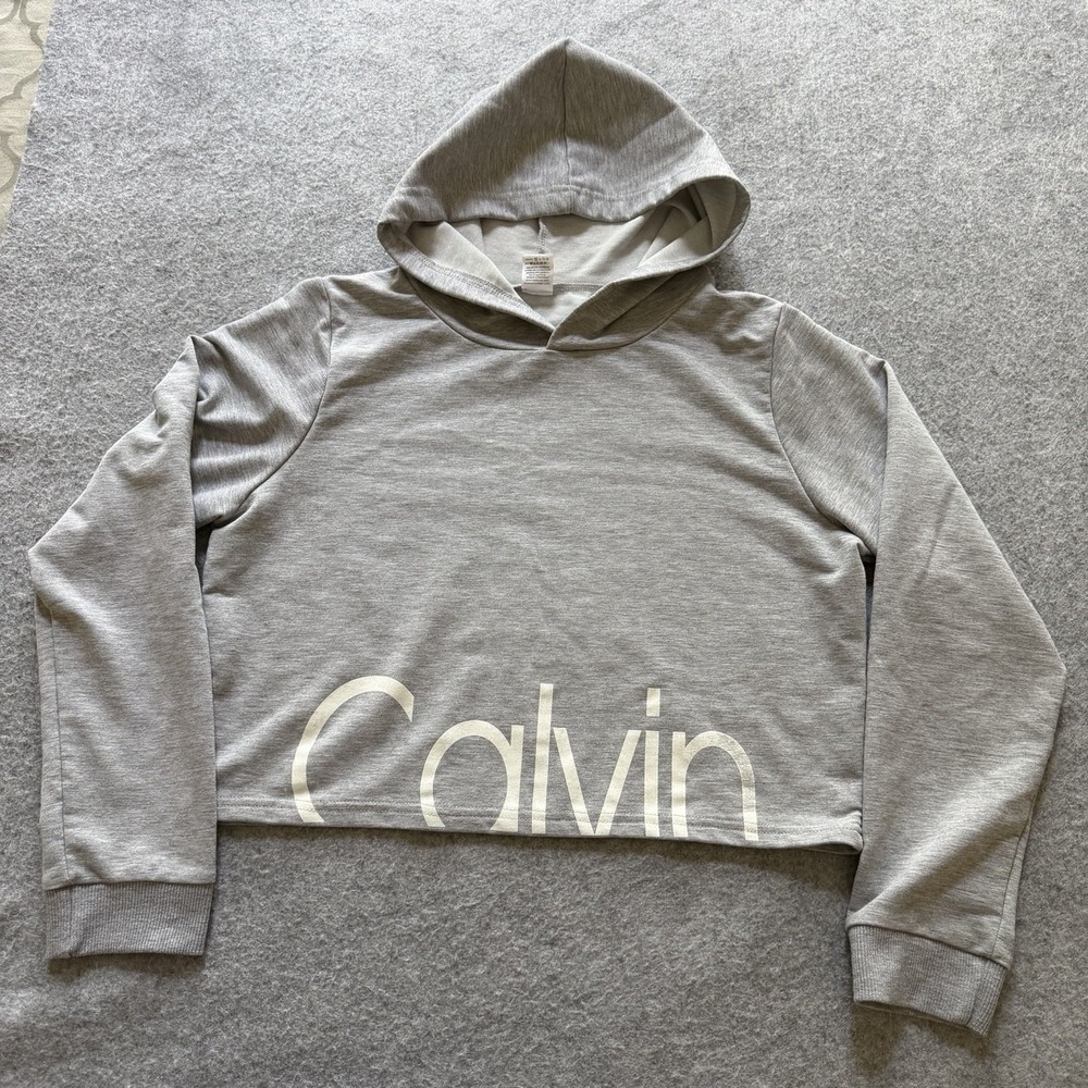 Calvin Klein Women's Cropped Hoodie Sweatshirt Big Logo CK Retro Grey Size L